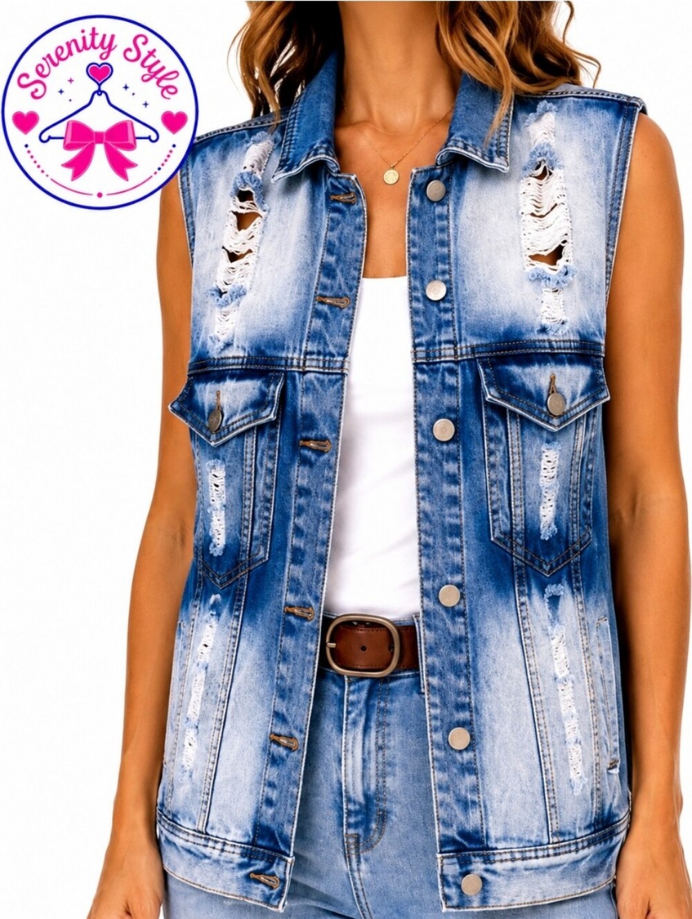 POL Distressed Denim Vest Womens Small Plaid Lined Oversized Grunge Western